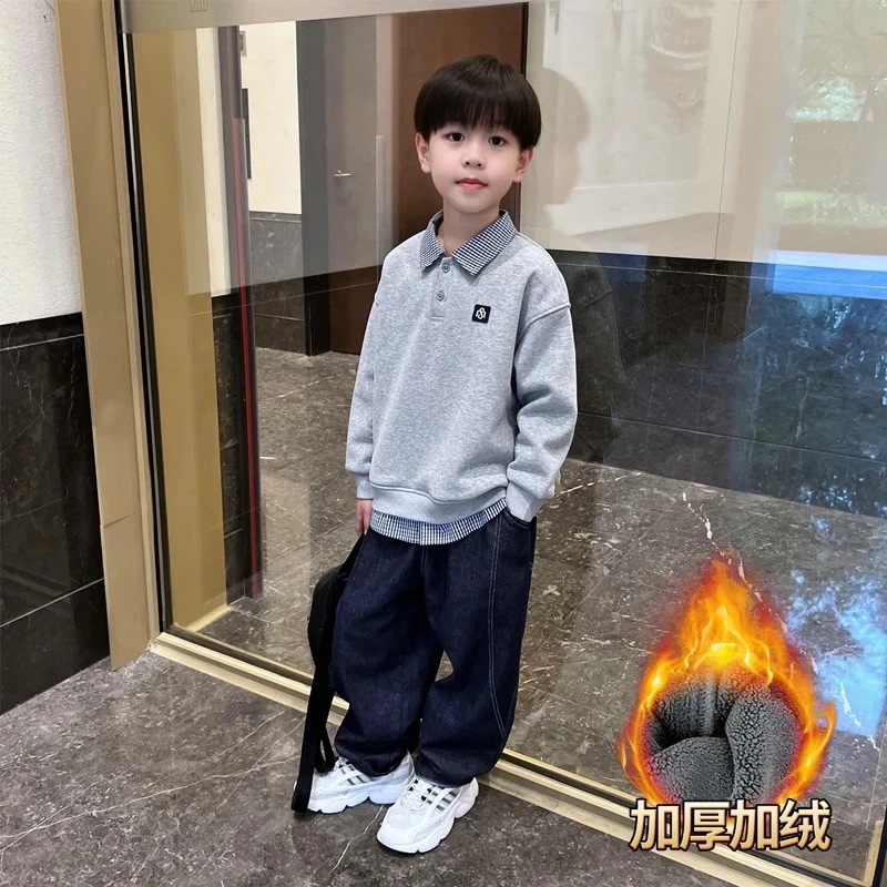男童秋冬加绒休闲polo衫2025新款中大童洋气百搭格子翻领卫衣童装