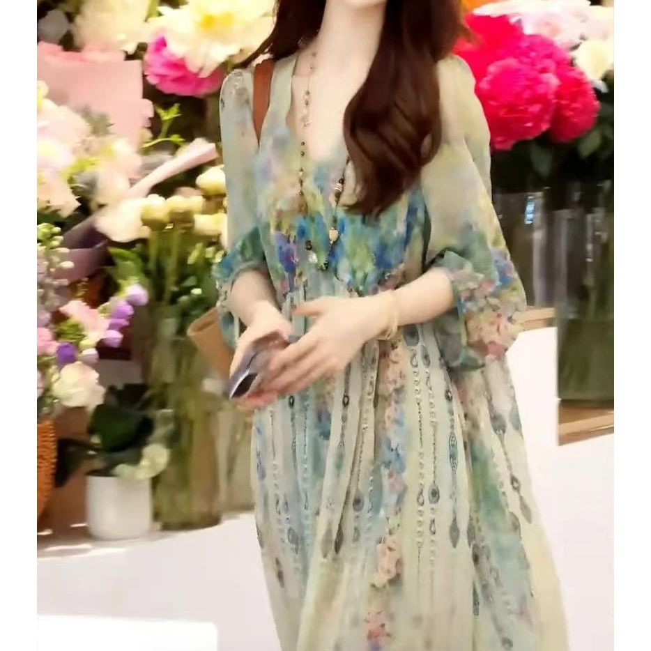 印花宽松显瘦连衣裙花色碎花气质长袖时尚夏季法式大码出游服装女