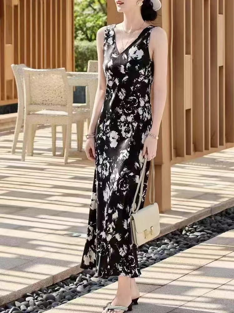 高级感醋酸法式长裙无袖印花碎花极简风连衣裙中腰吊带裙中长裙