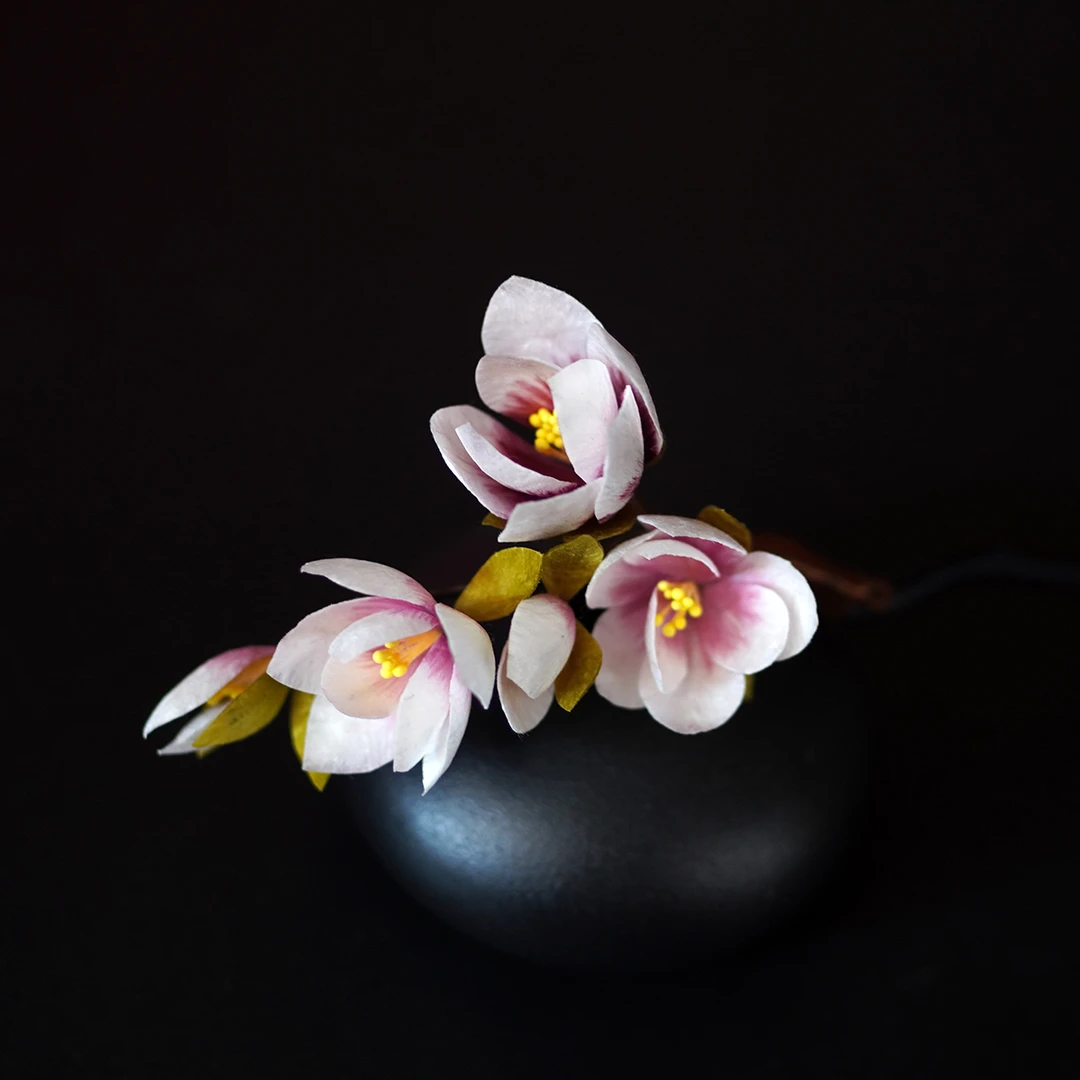 非遗绒花 玉兰清香 纯手工桑蚕丝线黑檀木绒花古典国风中式发簪