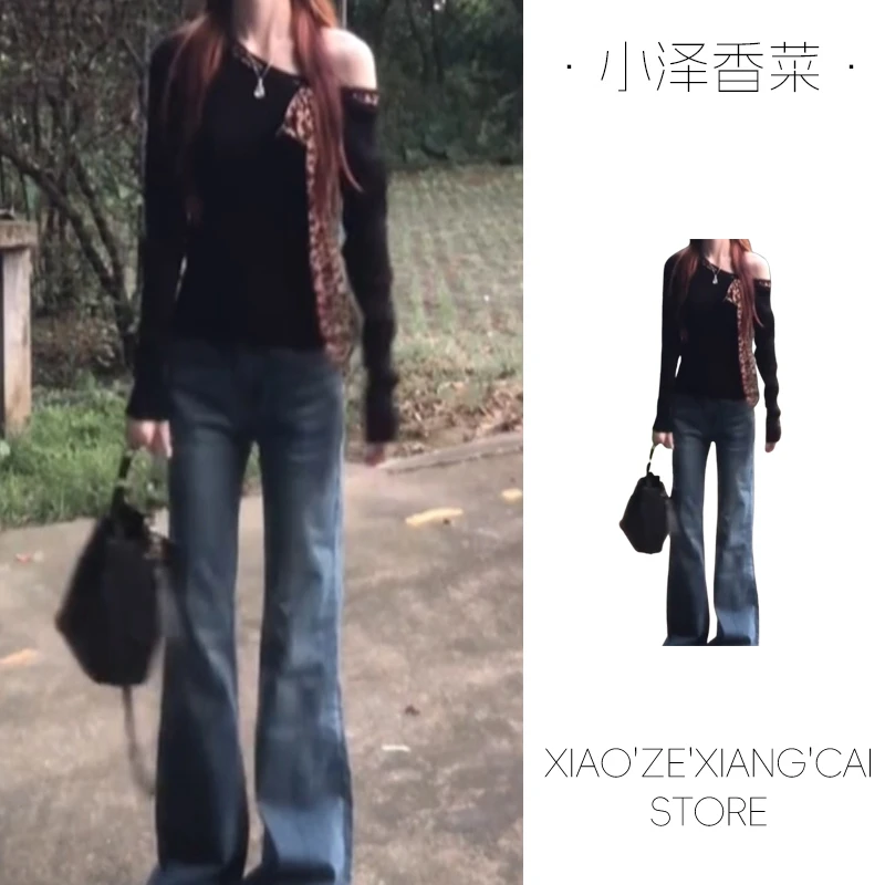 巨好看的轻熟法式斜肩豹纹系带长袖T恤女修身打底衫早秋chic上衣