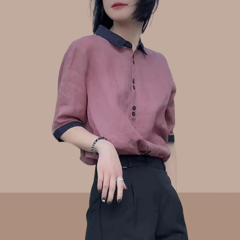 短袖衬衫女装2025夏季新款设计感洋气翻领撞色拼接气质衬衣女上衣
