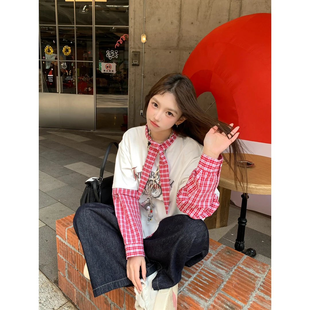 ANDEARDI格纹拼接假两件长袖卫衣女套头上衣