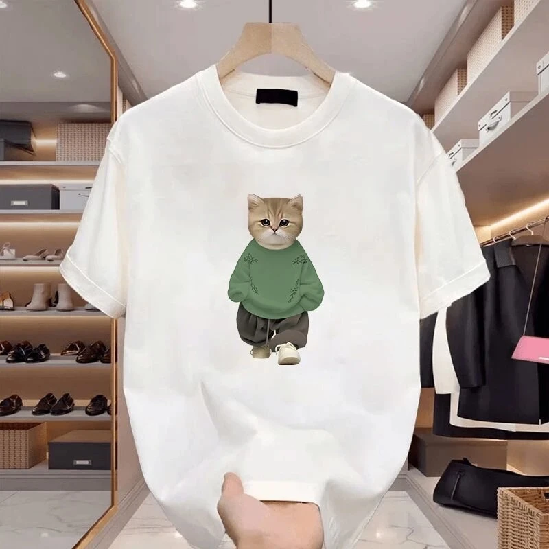 仓石一树潮牌猫咪印花短袖T恤男2025夏季新款白色宽松情侣装上衣