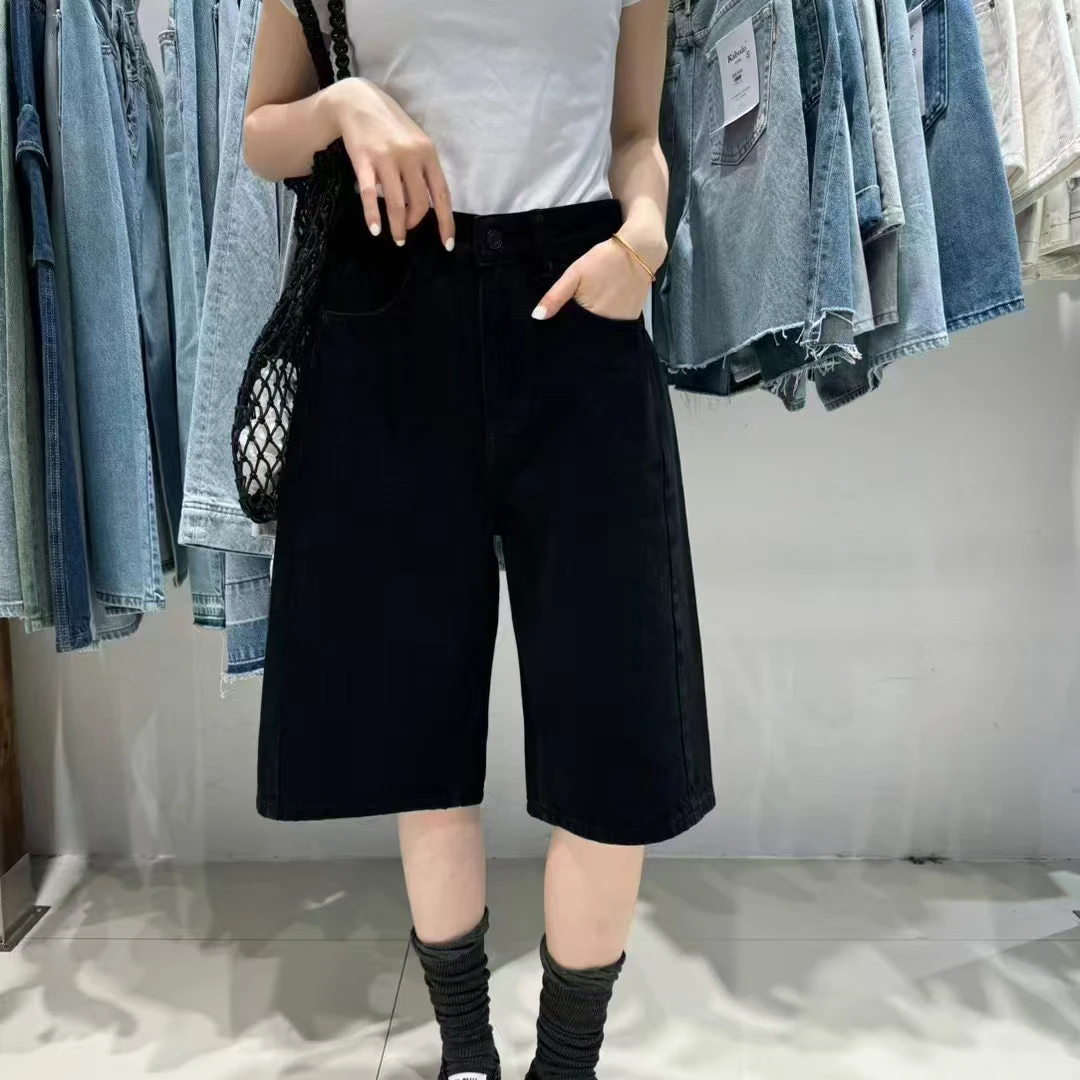 卡布地71991五分牛仔短裤女2025夏金靖同款Kabodo高腰黑色灯笼裤
