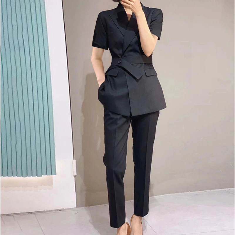 -夏薄西装小脚裤套装大码女装胖MM短袖职业面试工作服外套