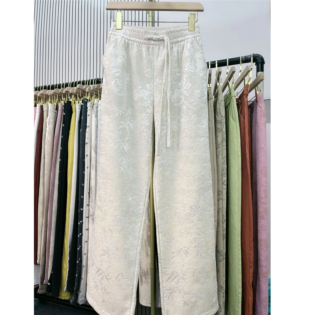 【冬季新品】新国风金钻绒富贵竹印花窄版直筒裤做工精细防风御寒