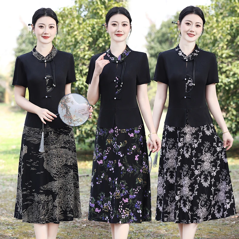 夏季妈妈新款时尚连衣裙气质中国风假两件过膝中老年显瘦洋气裙子