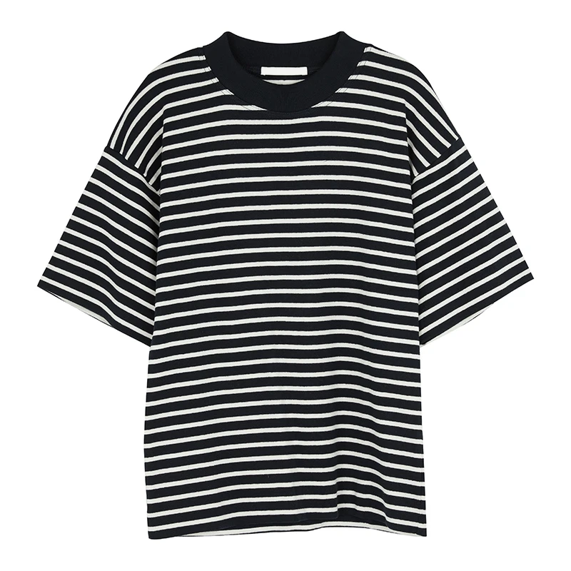 100%棉黑白条纹短袖T恤圆领上衣KT6164
