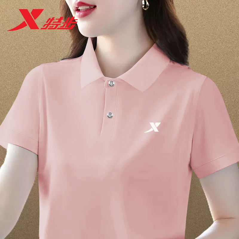 特步运动Polo衫女夏季透气速干短袖t恤女士显瘦修身运动上衣半袖