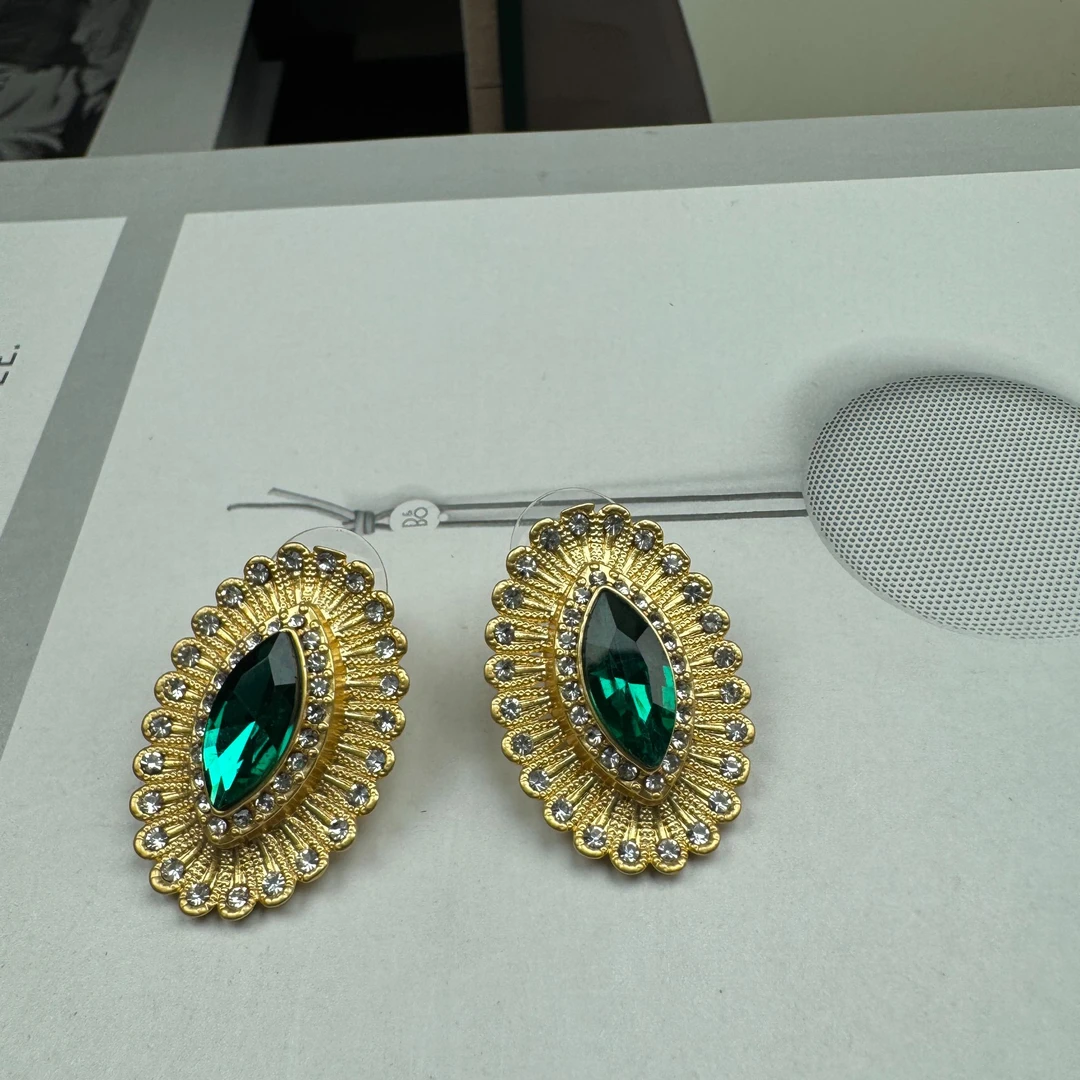 合金合成锆石耳饰 蓝色轻奢绿色复古设计师中古镶嵌耳钉ed2769