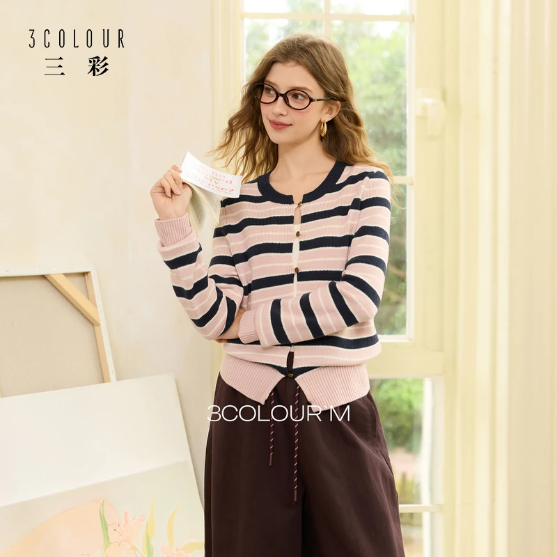 三彩2025冬季新款条纹针织衫撞色毛衫圆领开衫外套休闲M