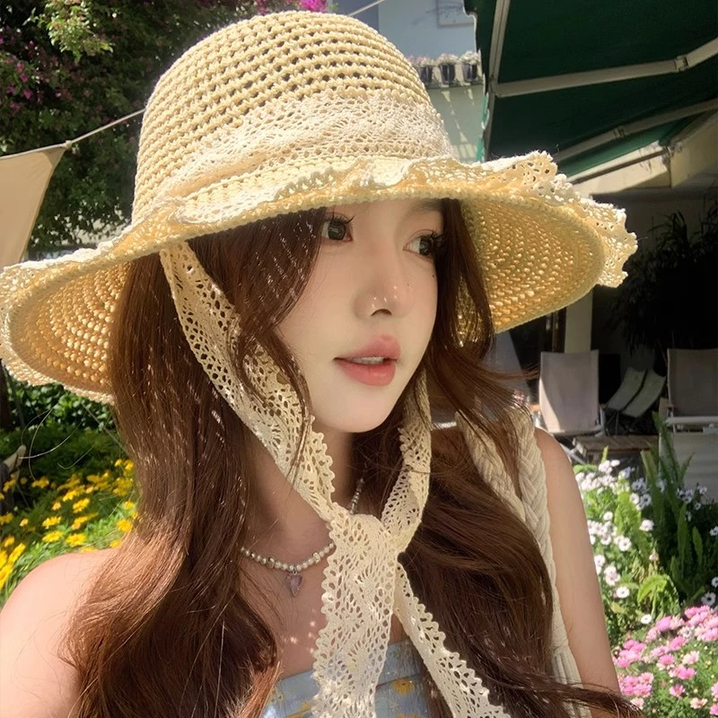法式透气遮阳帽蕾丝花边草帽女夏季出游海边防晒帽镂空沙滩帽女士