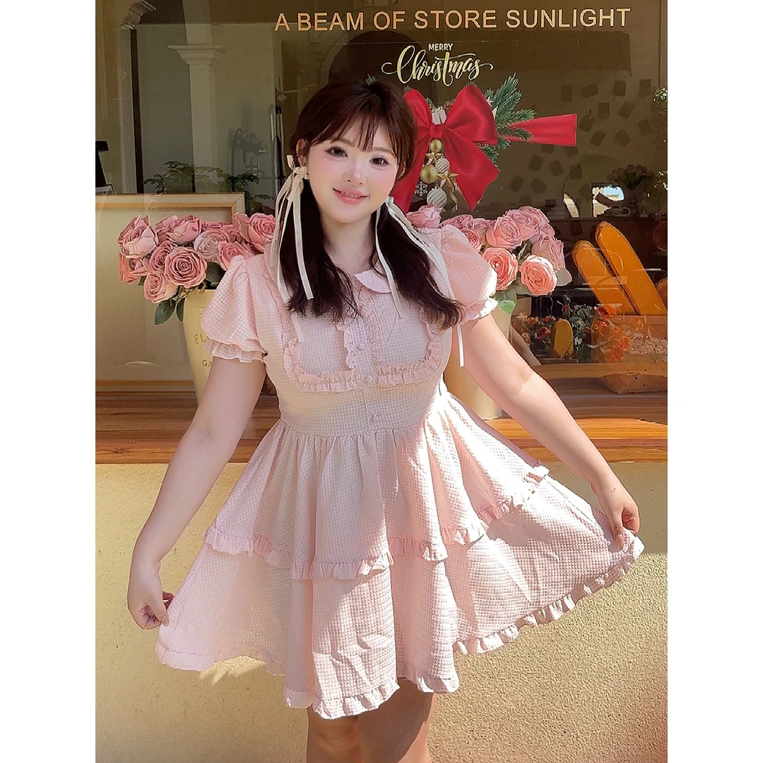 小美 甜美风娃娃领粉色泡泡袖连衣裙微胖大码新款收腰显瘦公主裙