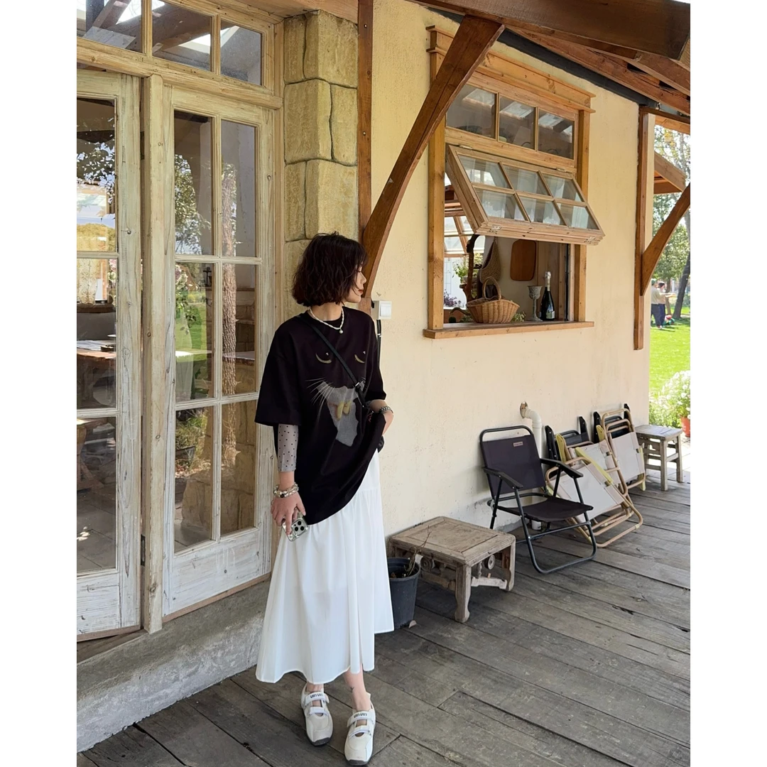 玳妮【黑猫警长T】春季 圆领假两件波点网纱袖T恤 简约宽松大版上衣