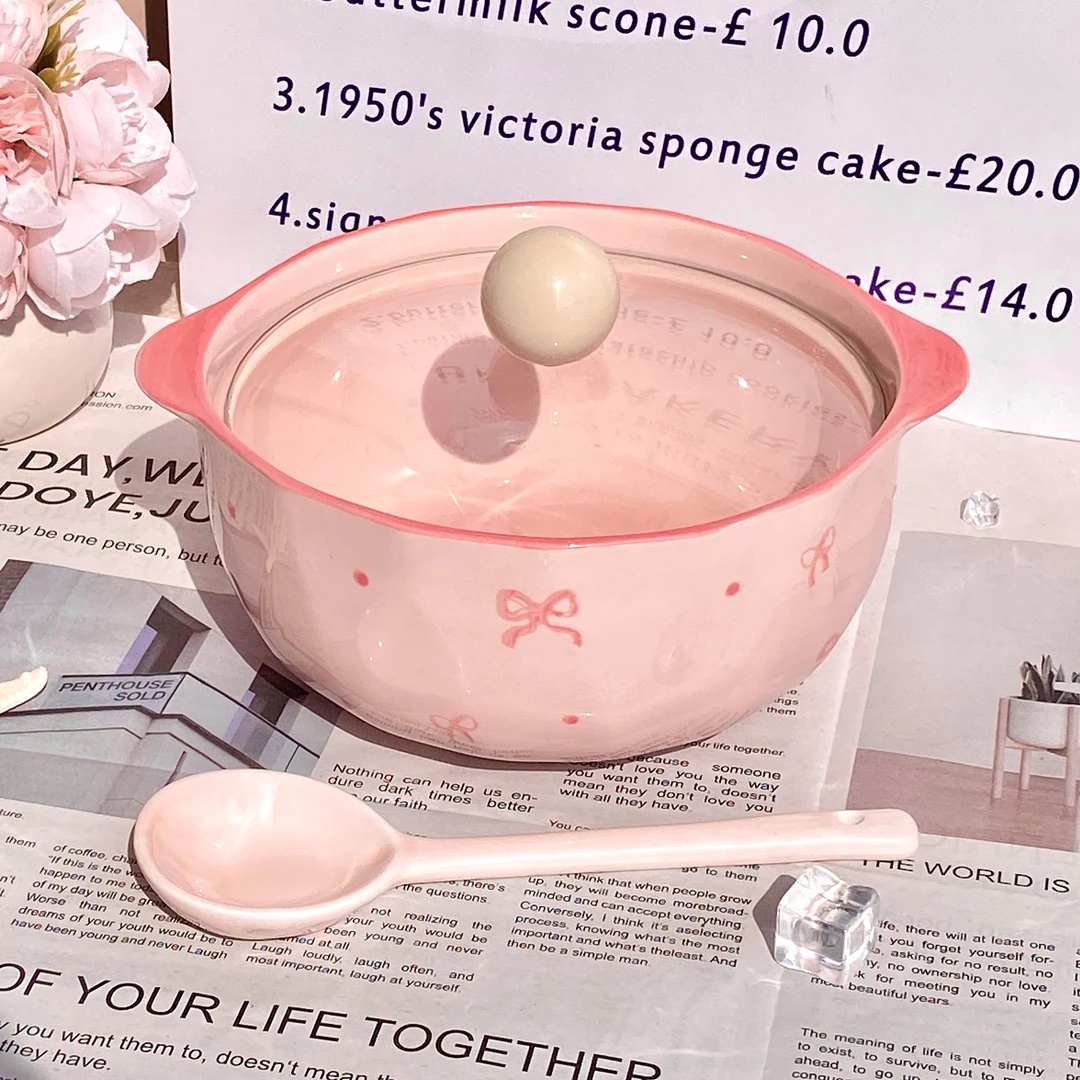 超仙新款泡面碗蝴蝶结高颜值陶瓷面碗耐高温高级带盖少女螺狮粉碗