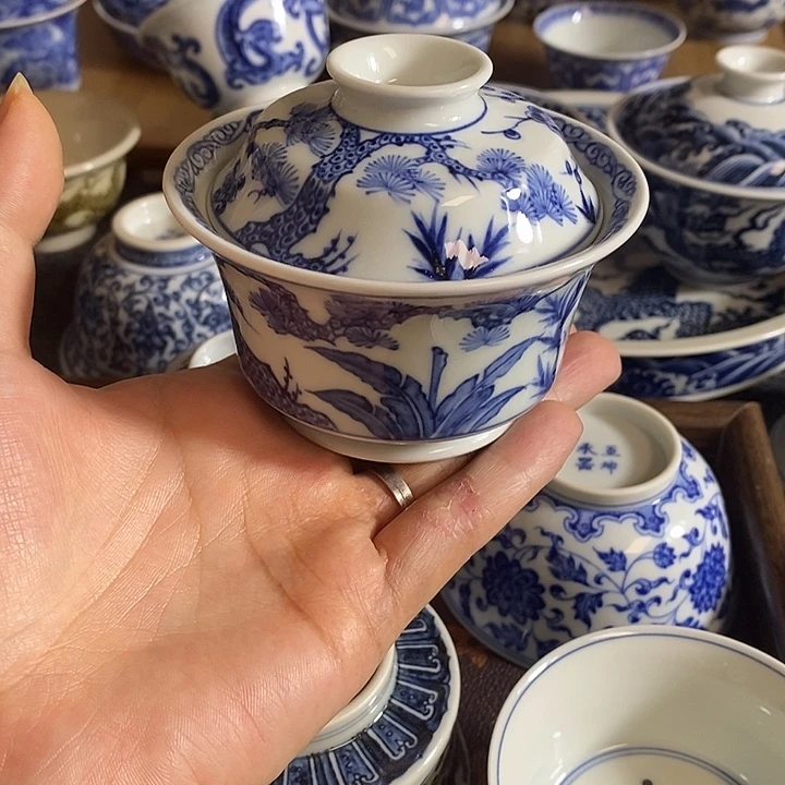 松竹梅二才马蹄盖碗