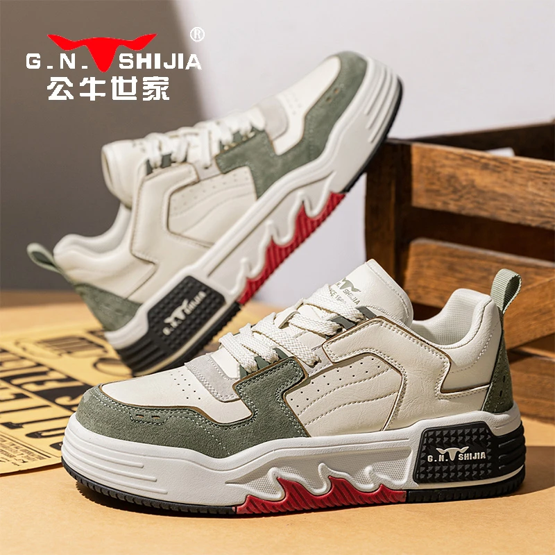 公牛世家男鞋2025春季新款时尚拼接厚底板鞋小众设计百搭休闲潮鞋