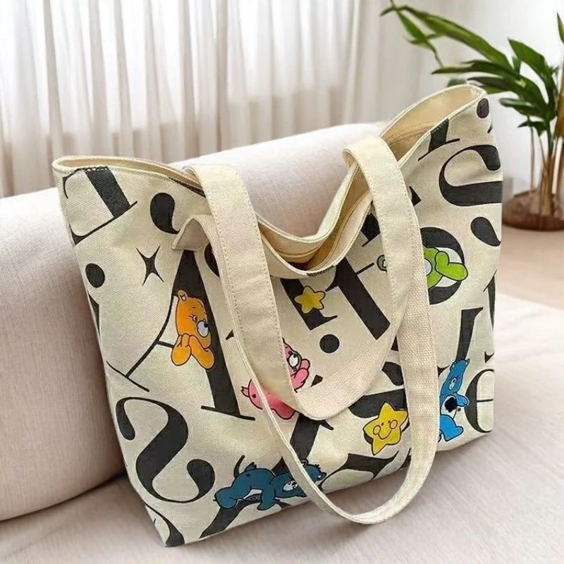 学生帆布包女大容量托特通勤包百搭印花妈咪包女手提单肩包购物袋