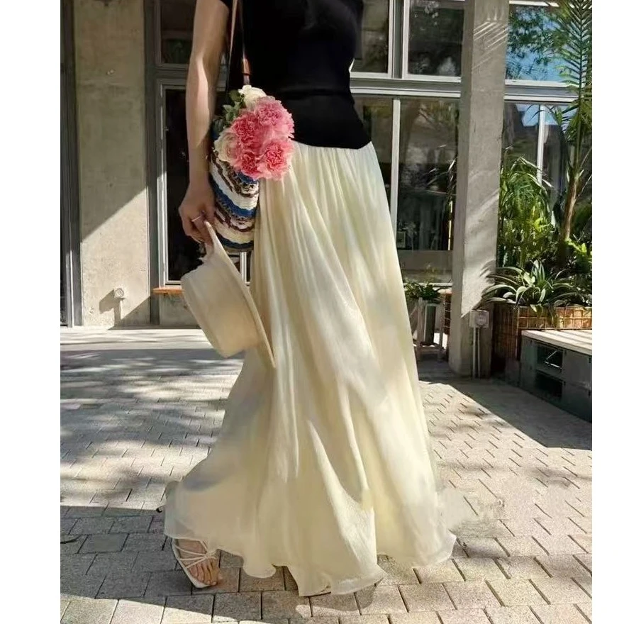 韩系甜美温柔简约气质裙夏新款多色流光飘逸松紧腰半身裙