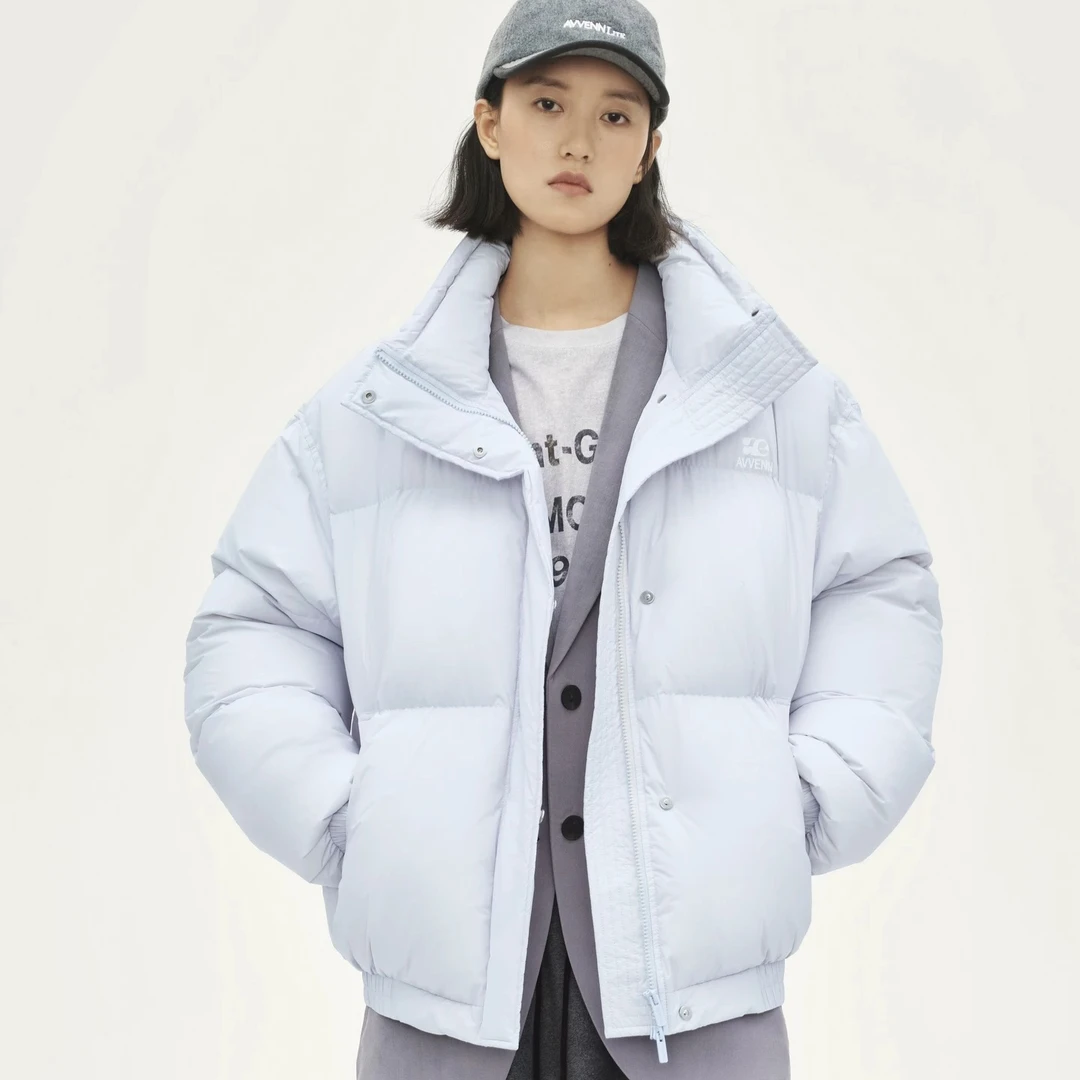 AVVENN 轻量感廓形短款拉链泡芙无帽浅蓝鸭绒外套———黑鸭子