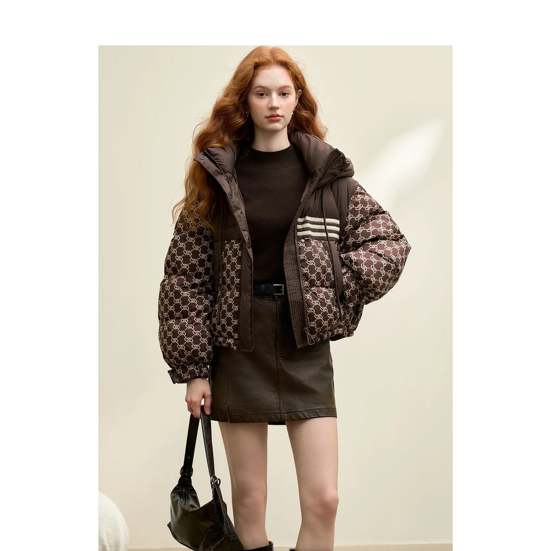 女短款保暖立领纯色插肩袖印花休闲港风棉服