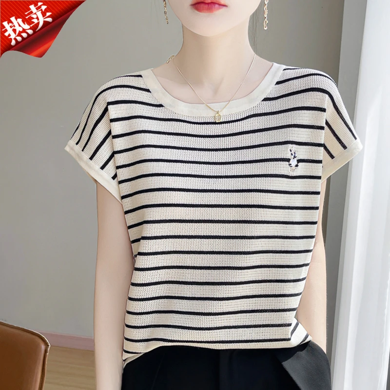 2025新款正品2025新款小兔刺绣镂空针织衫飞飞袖T恤上衣夏薄款