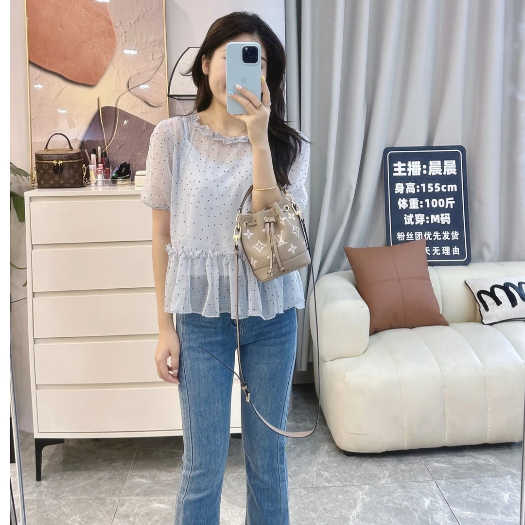 晨小胖  法式韩系温柔风薄款上衣夏季新款波点花边雪纺衬衫含内搭