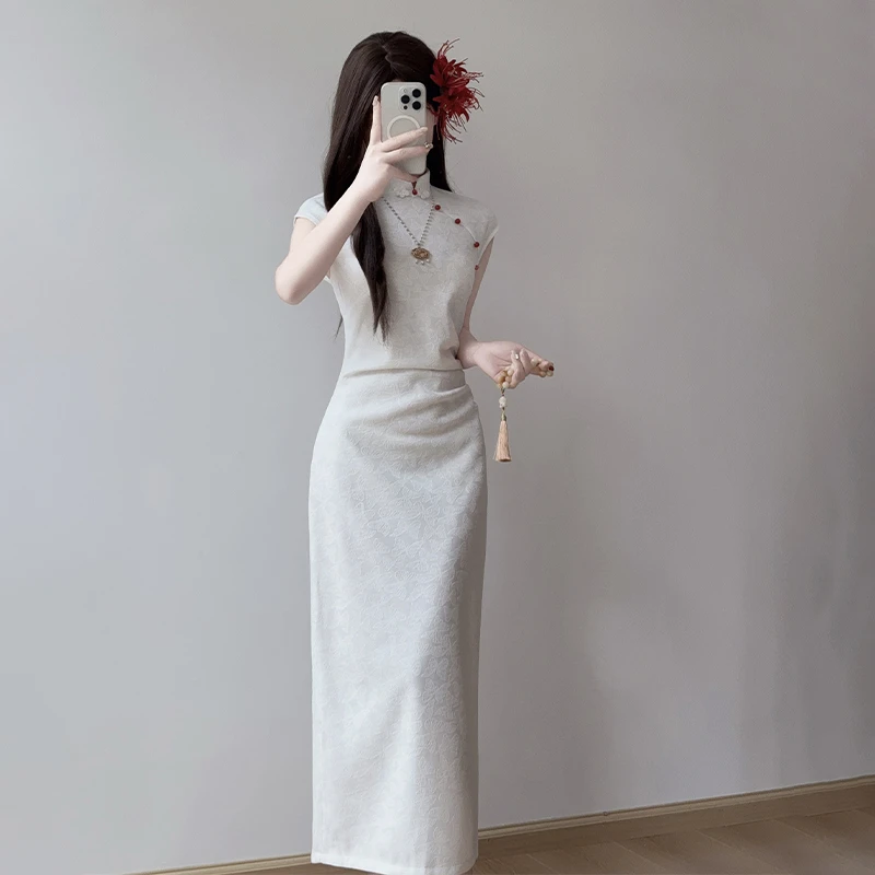 【温言】新中式白色改良旗袍日常气质修身蝴蝶提花国风连衣裙长裙