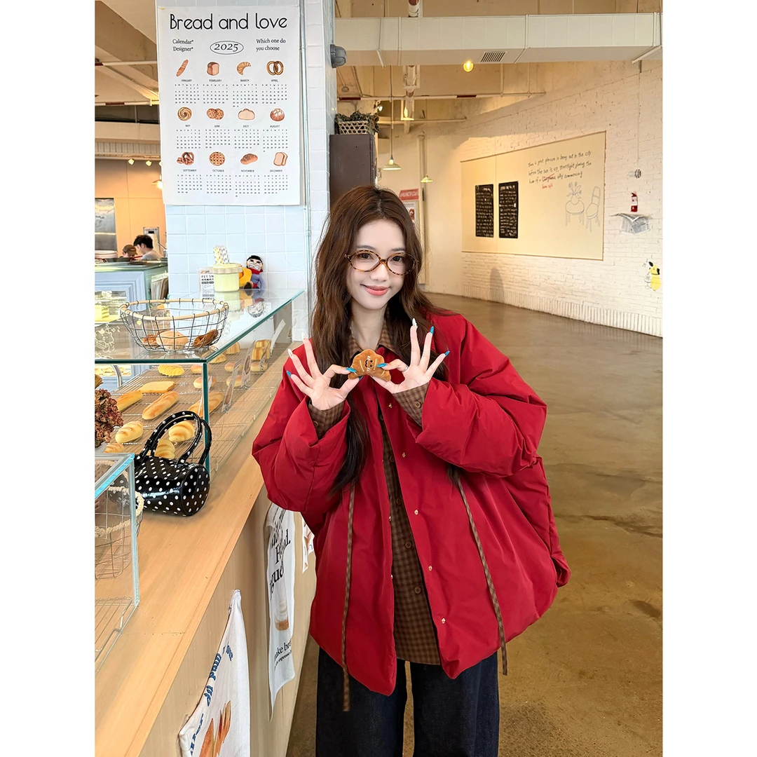 2025冬季中长款宽松加厚保暖蓬蓬棉衣女外套系带宽松格纹衬衫套装