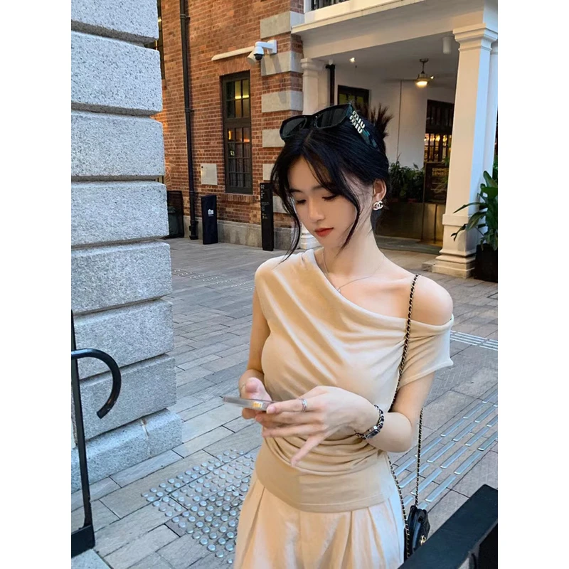 （运贴6-8）纯欲风斜肩设计短袖小衫荡领收腰针织衫两种穿法