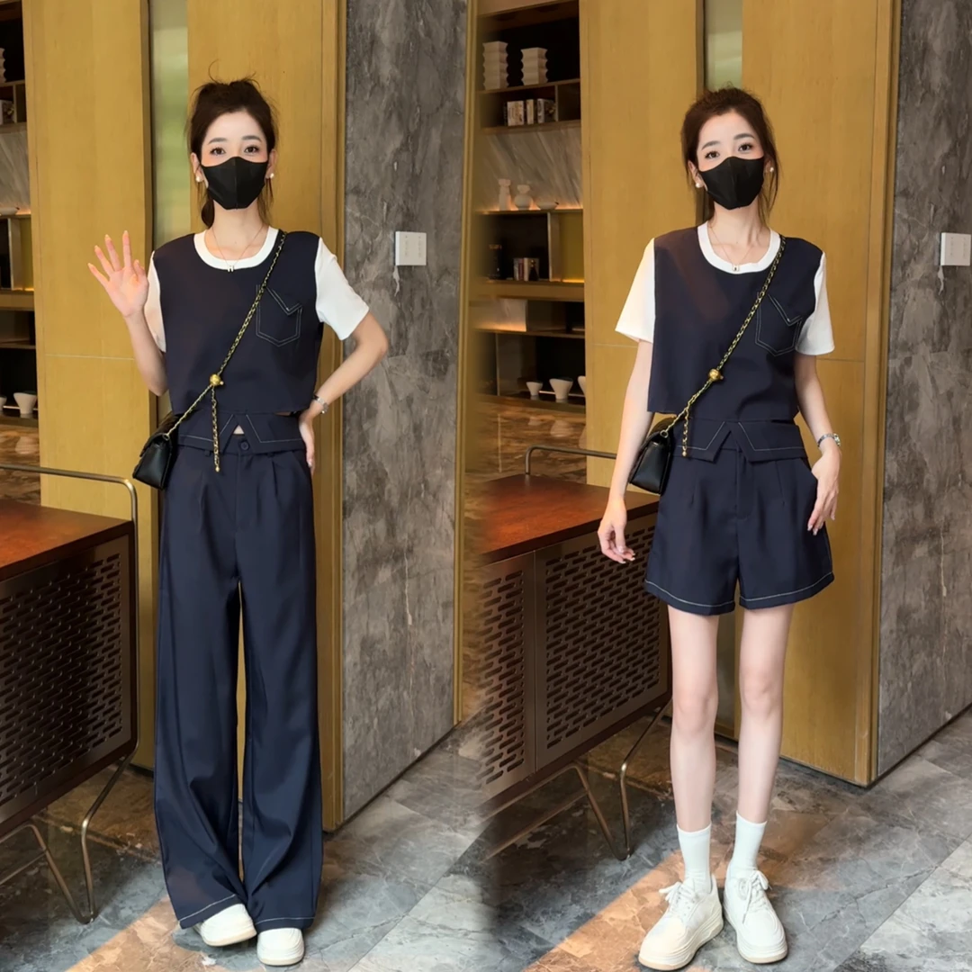 夏季立体版型明线假两件T恤+显瘦搭洋气短裤长裤时尚阔腿裤套装