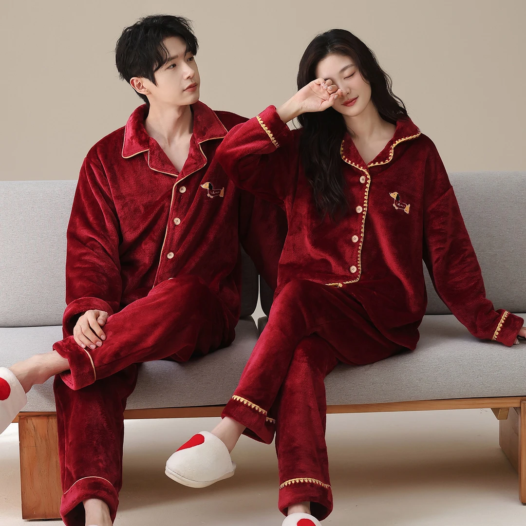 芬腾可安法兰绒男女结婚喜庆家居服红色情侣睡衣冬珊瑚绒加绒加厚