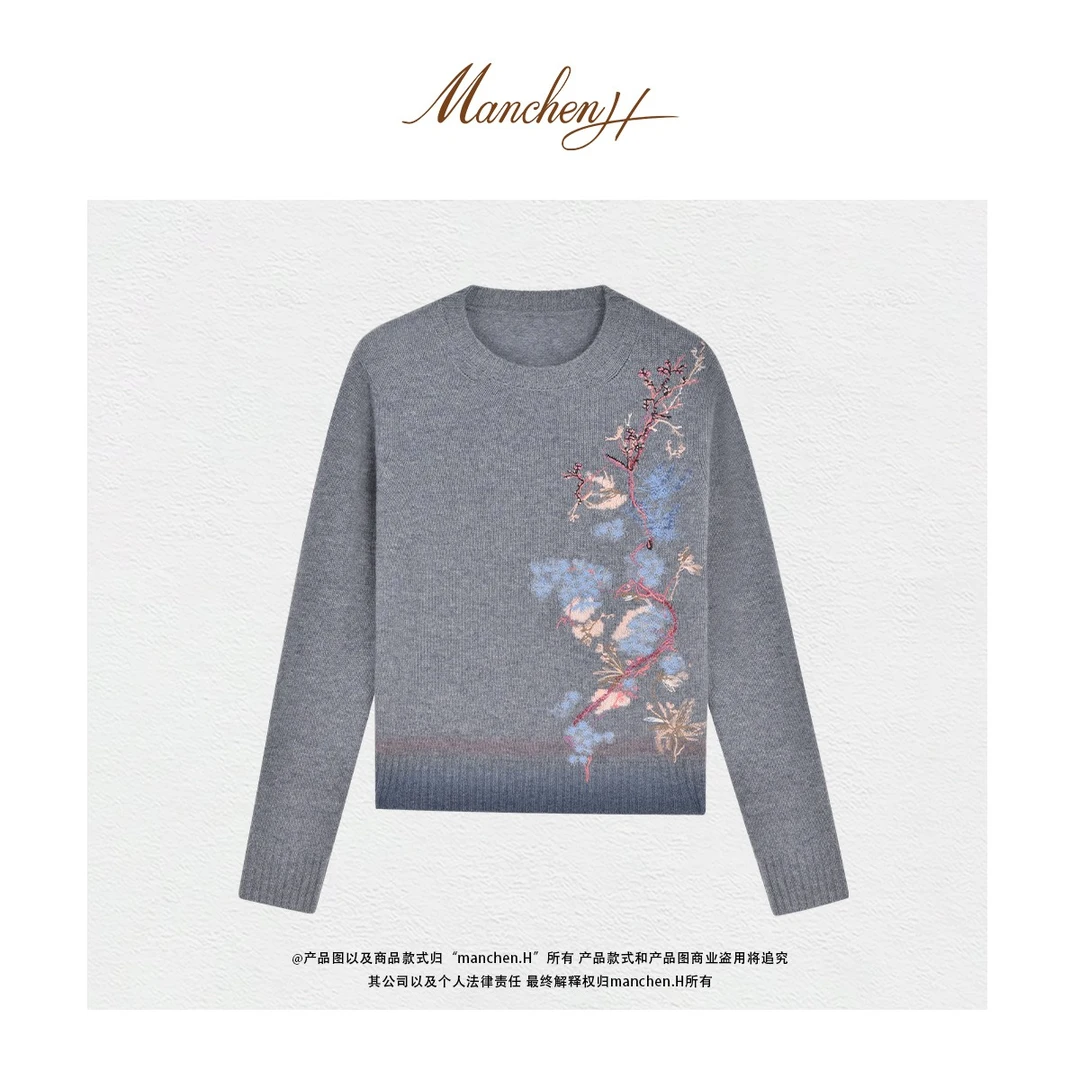 曼辰manchenh"灰苑绣章"重磅100羊绒盘花彩纱绣针织上衣