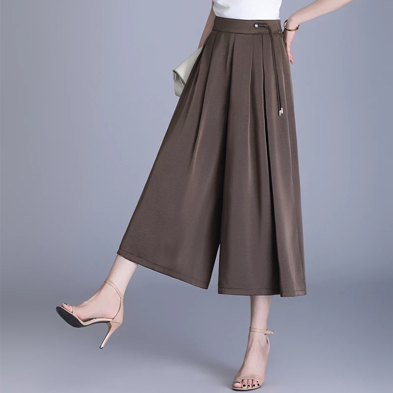 夏季薄款冰丝裙裤女国风高腰中年妈妈八分裤裙垂感缎面宽松阔腿裤