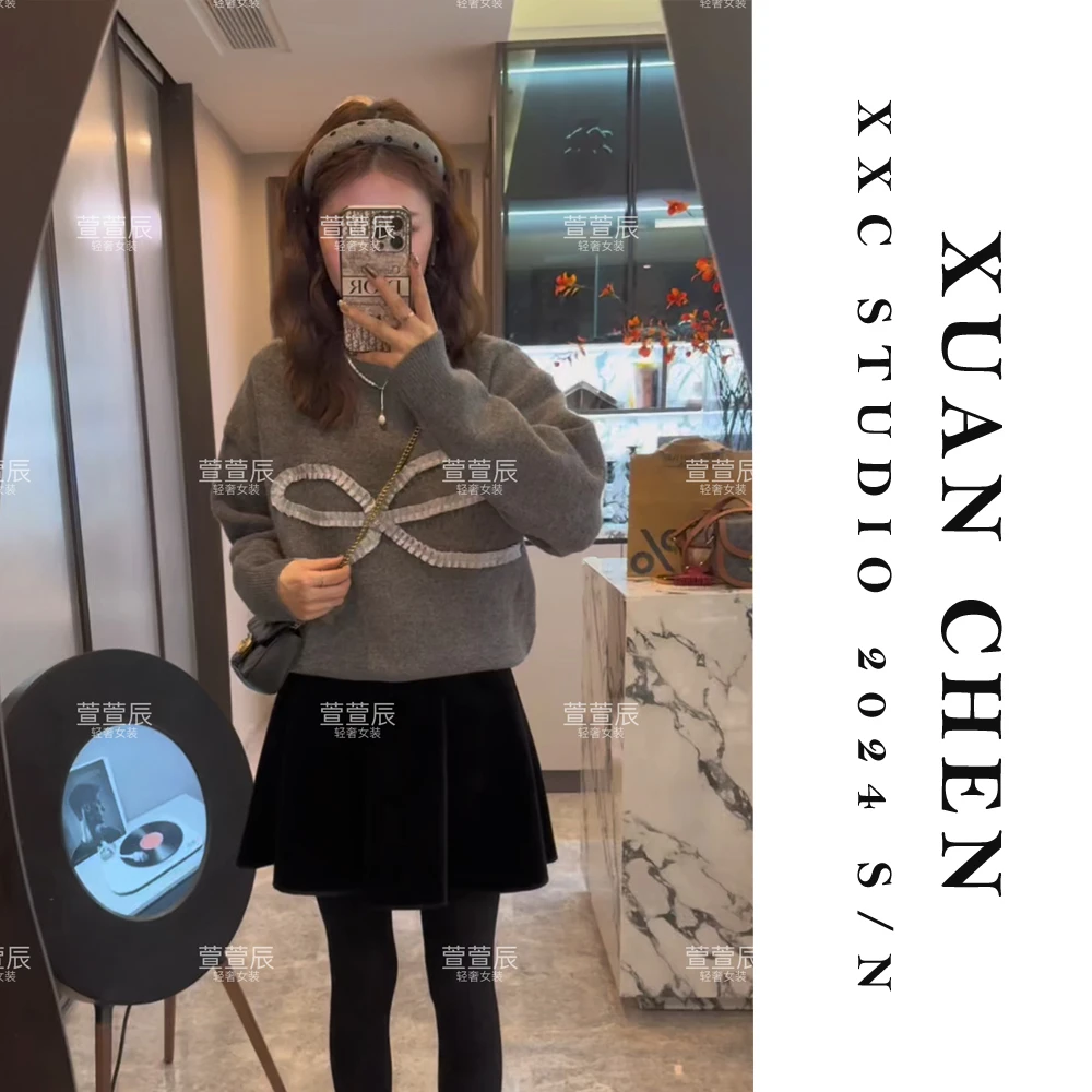 【蝴蝶结】韩版ins宽松套头百搭毛衣秋冬加厚慵懒长袖针织衫#3675