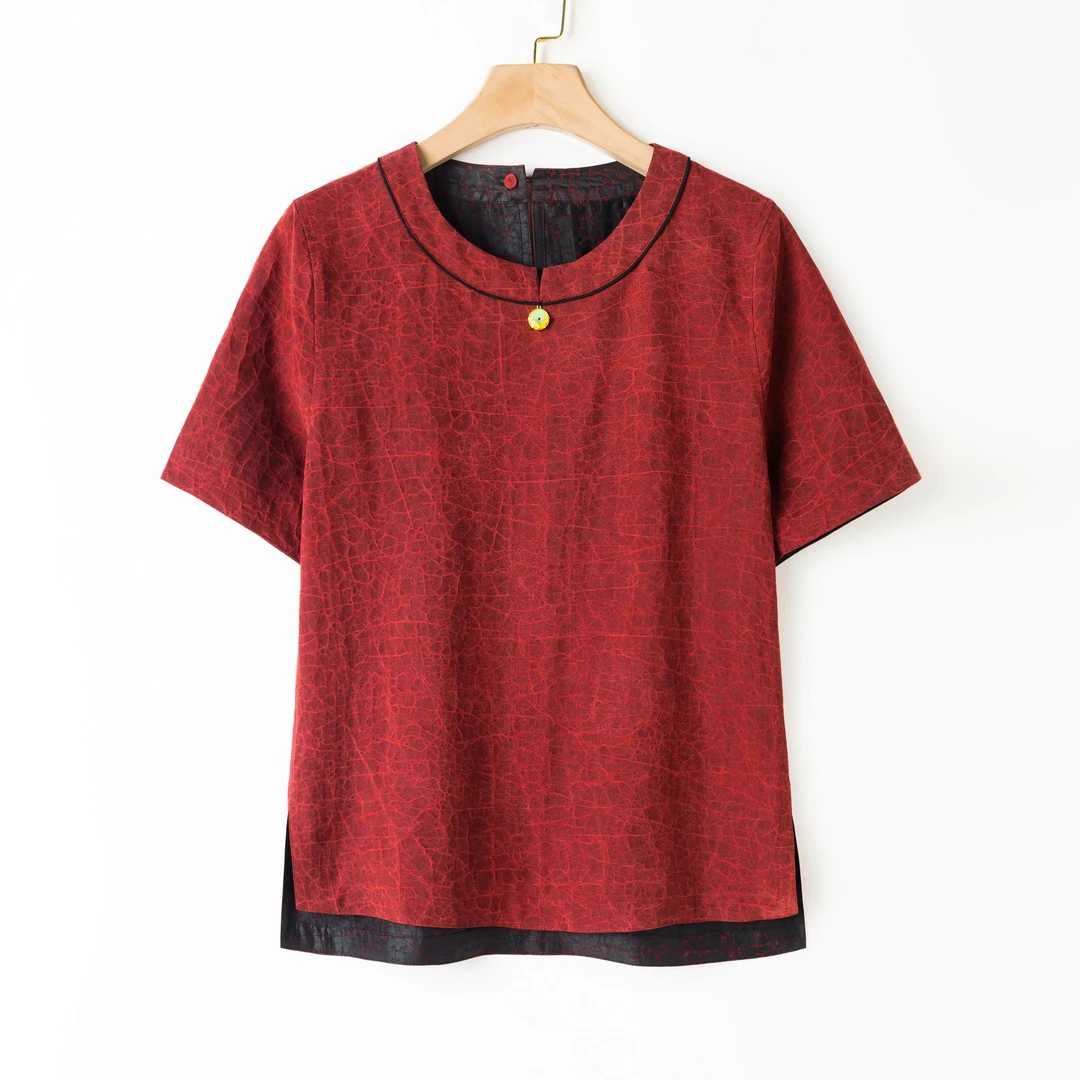 龟裂纹香云纱中国风彩龟双面穿休闲百搭富贵坠中式半袖上衣 86002