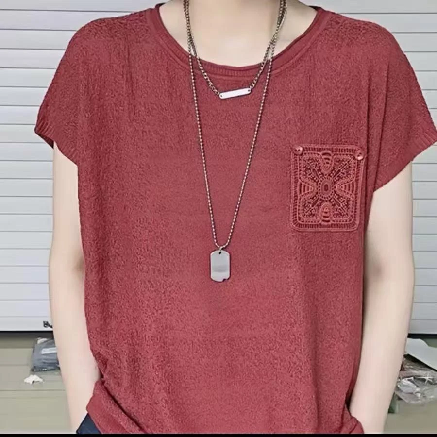 A2025夏季新款女士装盘花纽扣口袋短袖纯色宽松圆领洋气打底衫