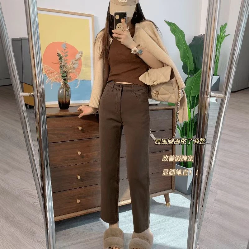 美拉德复古咖色直筒法棍裤秋新款小个子高腰弹力显瘦烟管牛仔裤