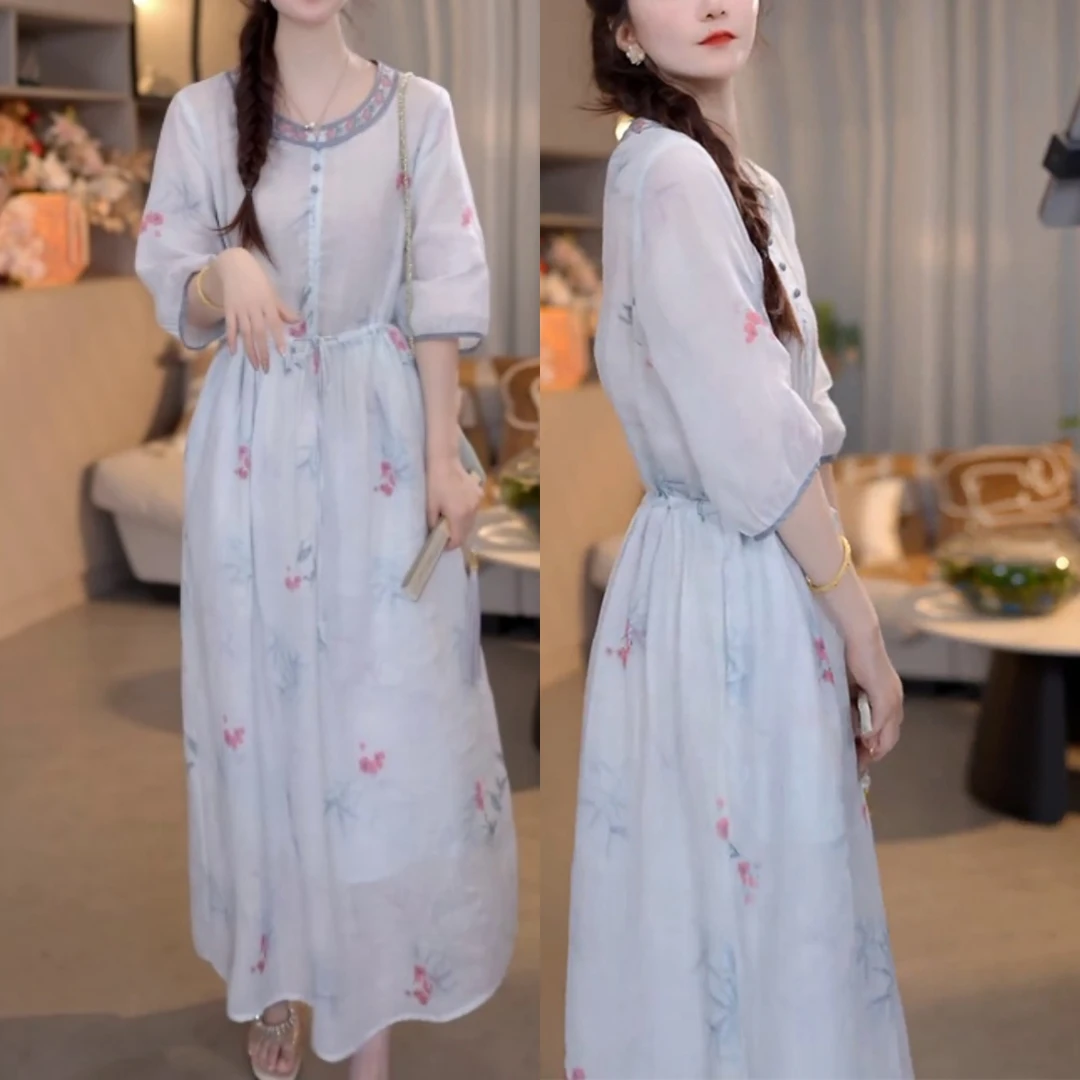 温婉碎花气质国风收腰连衣裙夏季新款时尚减龄新中式高级感中长裙
