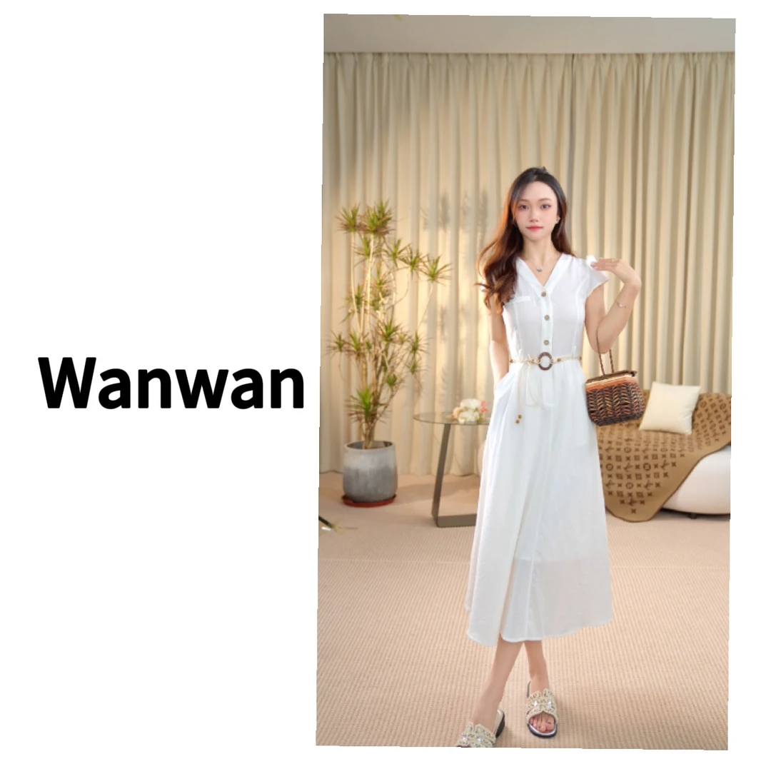 【万姐专属】休闲简约白色 V 领短袖连衣裙收腰尽显优雅气质女6690