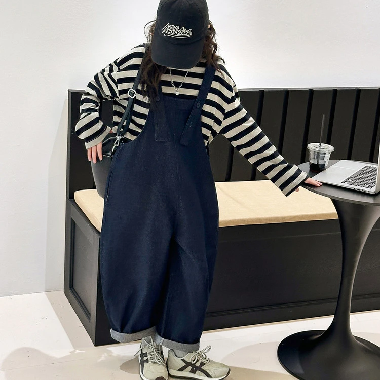 偏胖中大童8-15岁女童装秋装套装儿童条纹T牛仔背带裤两件套宽松