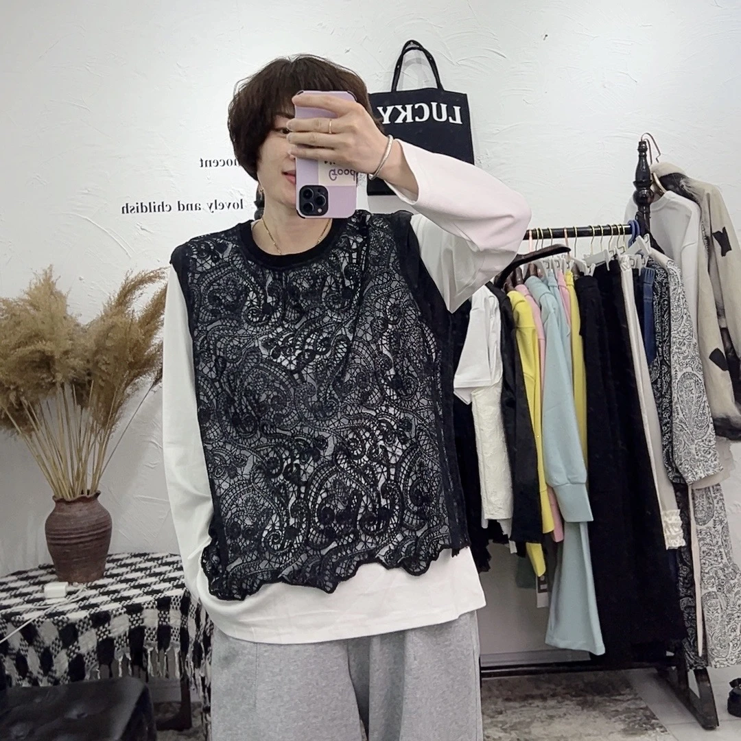 新款时尚百搭棉T加蕾丝大码打底衫两件套宽松显瘦长袖