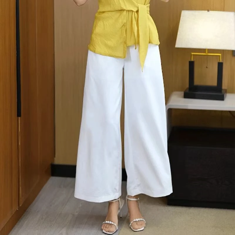 夏季新款高腰白色百搭窄版阔腿休闲裤宽松显瘦直筒九分裤