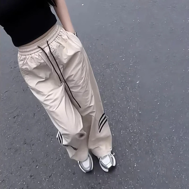 夏季新款时尚休闲裤2025显瘦抽绳阔腿百搭松紧高腰宽松工装运动裤
