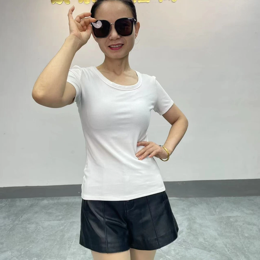 504正肩短袖夏季T恤新款修身显瘦纯色打底短款圆领上衣