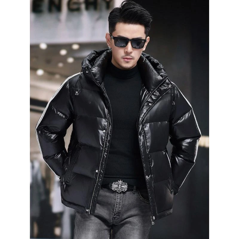 爱赫蒙90白鸭绒羽绒服男士2025新款黑金亮面连帽加厚保暖冬装外套