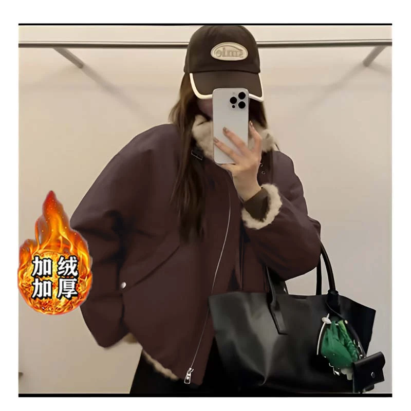 【加绒加厚】时尚宽松韩版休闲厚款秋冬新短款大毛领派克外套D4491