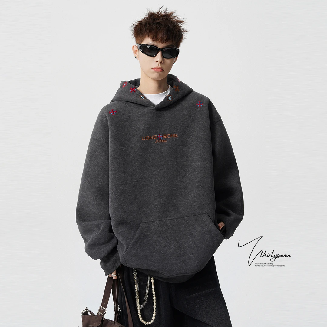 V37美式民族风刺绣重磅连帽卫衣男冬季情侣宽松加绒运动帽衫外套