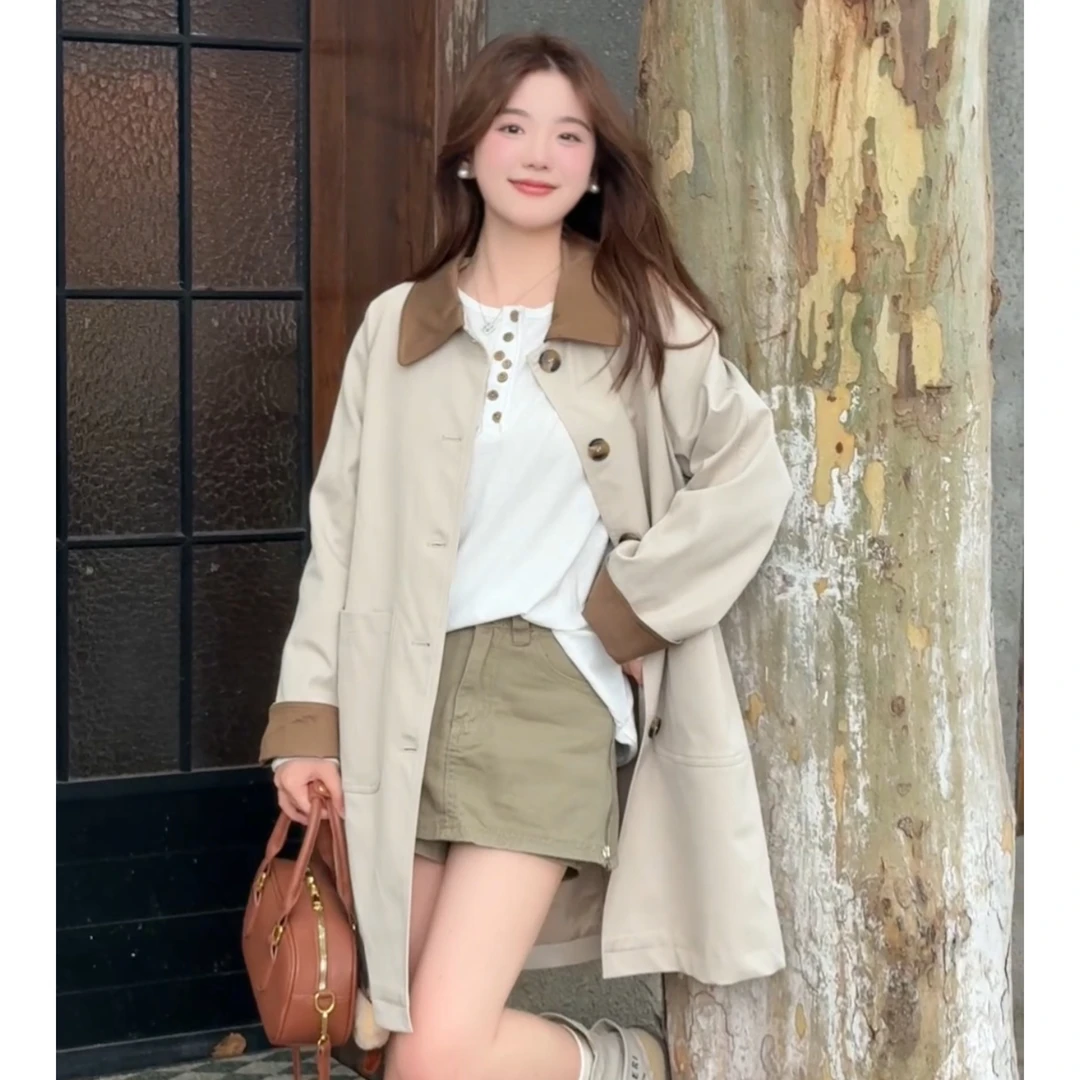 日系卡其风衣秋季2025新款女装巴恩松弛感显瘦撞色翻领中长款外套